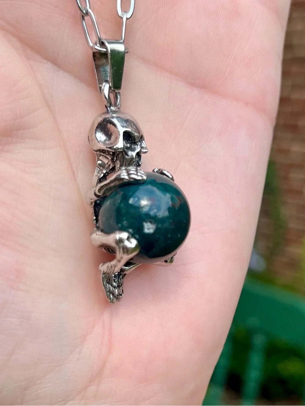 Skeleton Pendant Necklace with Green ocean jasper orb
